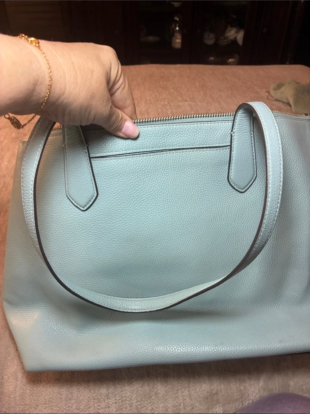 kate spade Light Blue Pebbled Leather Tote with Gold Logo‎